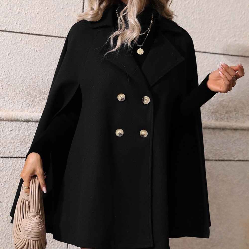 Black Preppy Womens Double Breasted Cloak Sleeve Cape Overcoat - Picture 6 of 7